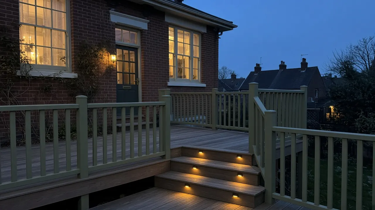 Example image: painted timber balustrade with soft step lights at dusk