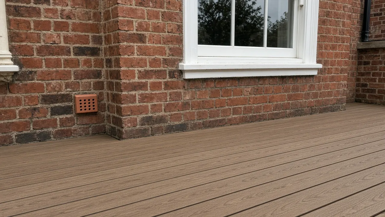 Example image: woodgrain composite deck beside old red brick and a sash window