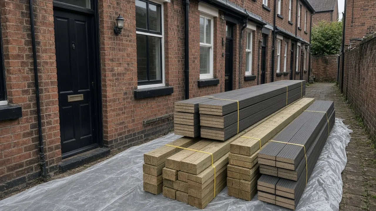 Example image: deck boards stacked in a narrow side passage beside a terrace