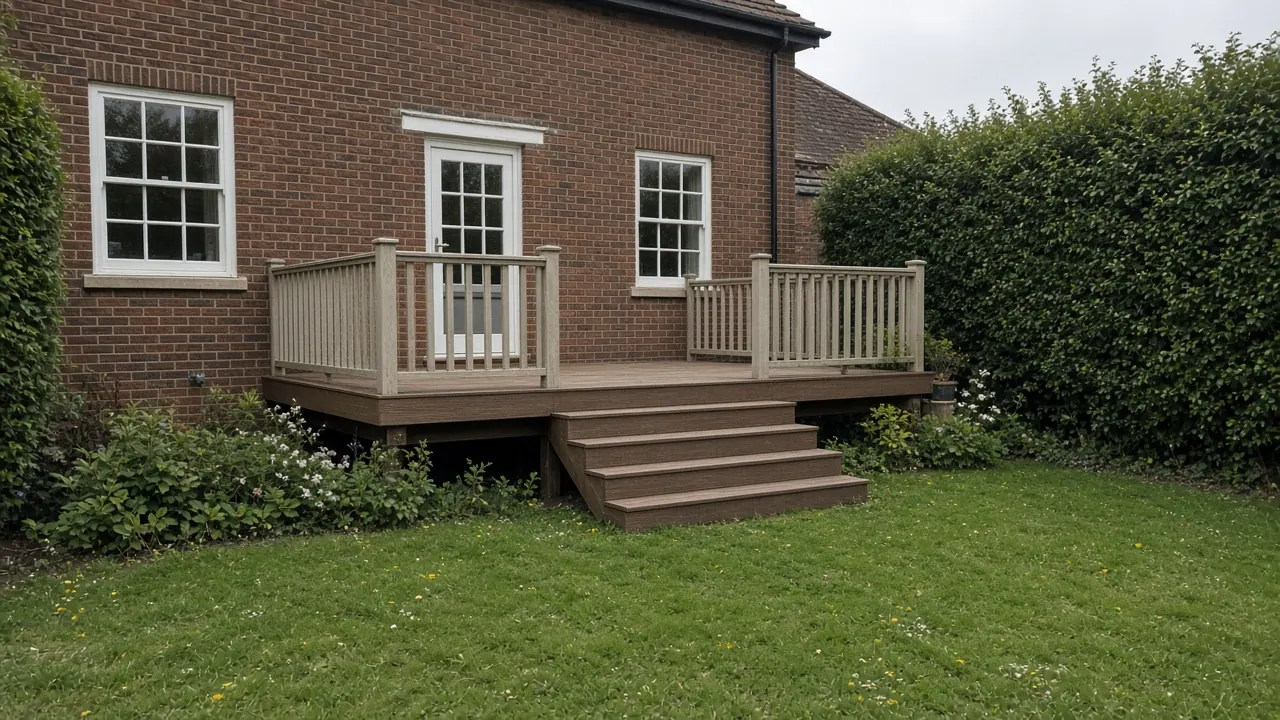 Example image: raised composite deck off a 1930s house with timber balustrade