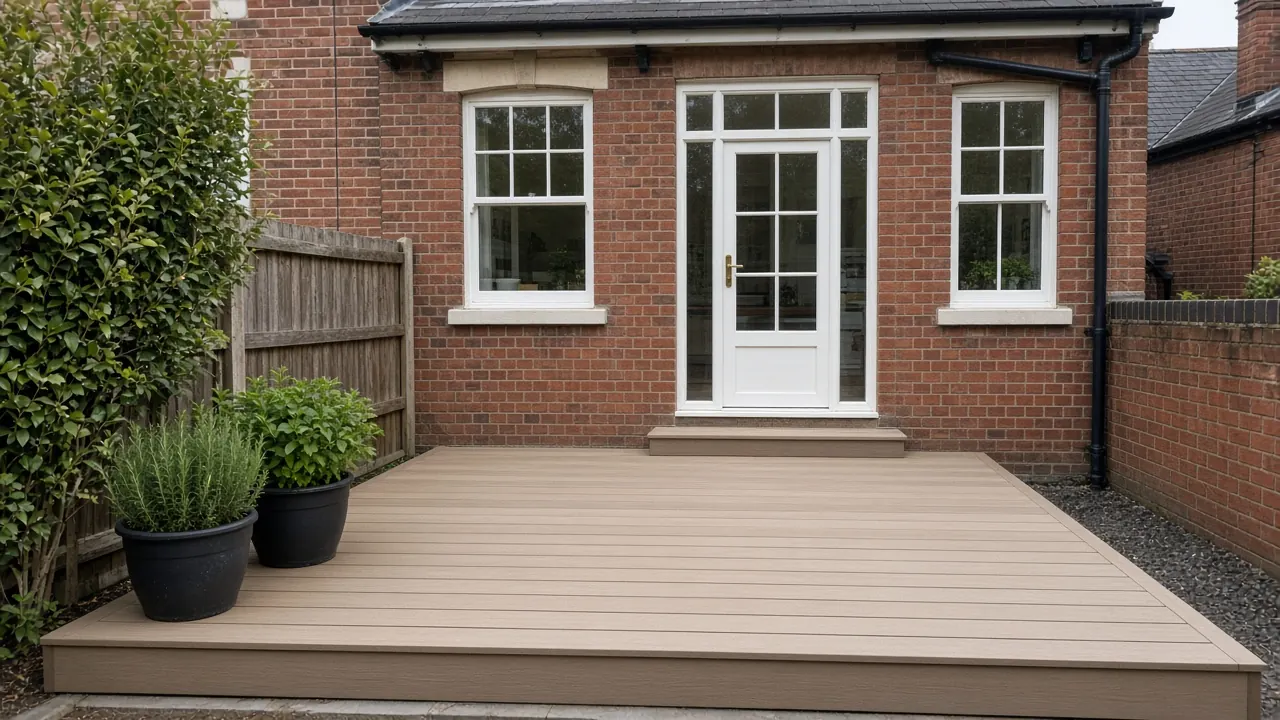 Example image: new low composite deck replacing an old raised deck behind a terrace